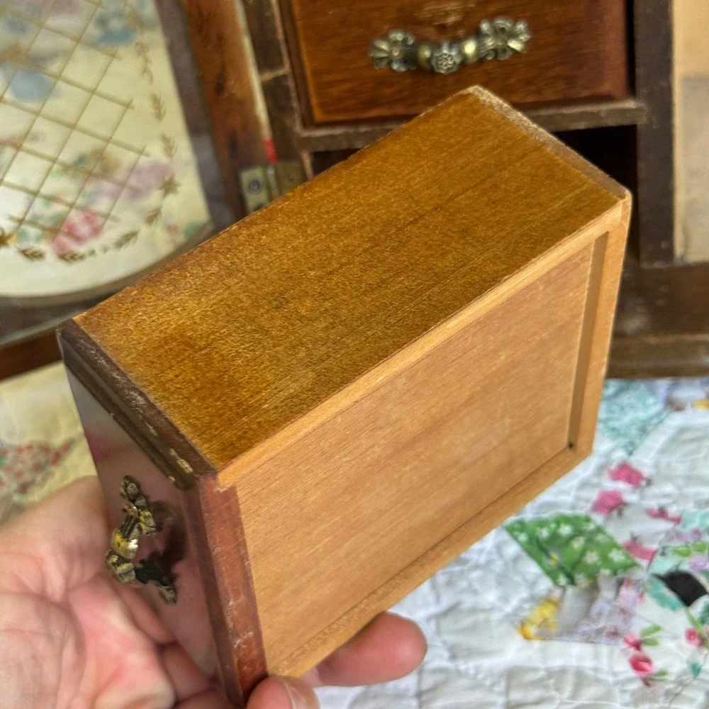 Vintage Wooden Jewelry Armoire Box Etched Glass Carousel Drawers Keepsake MCM